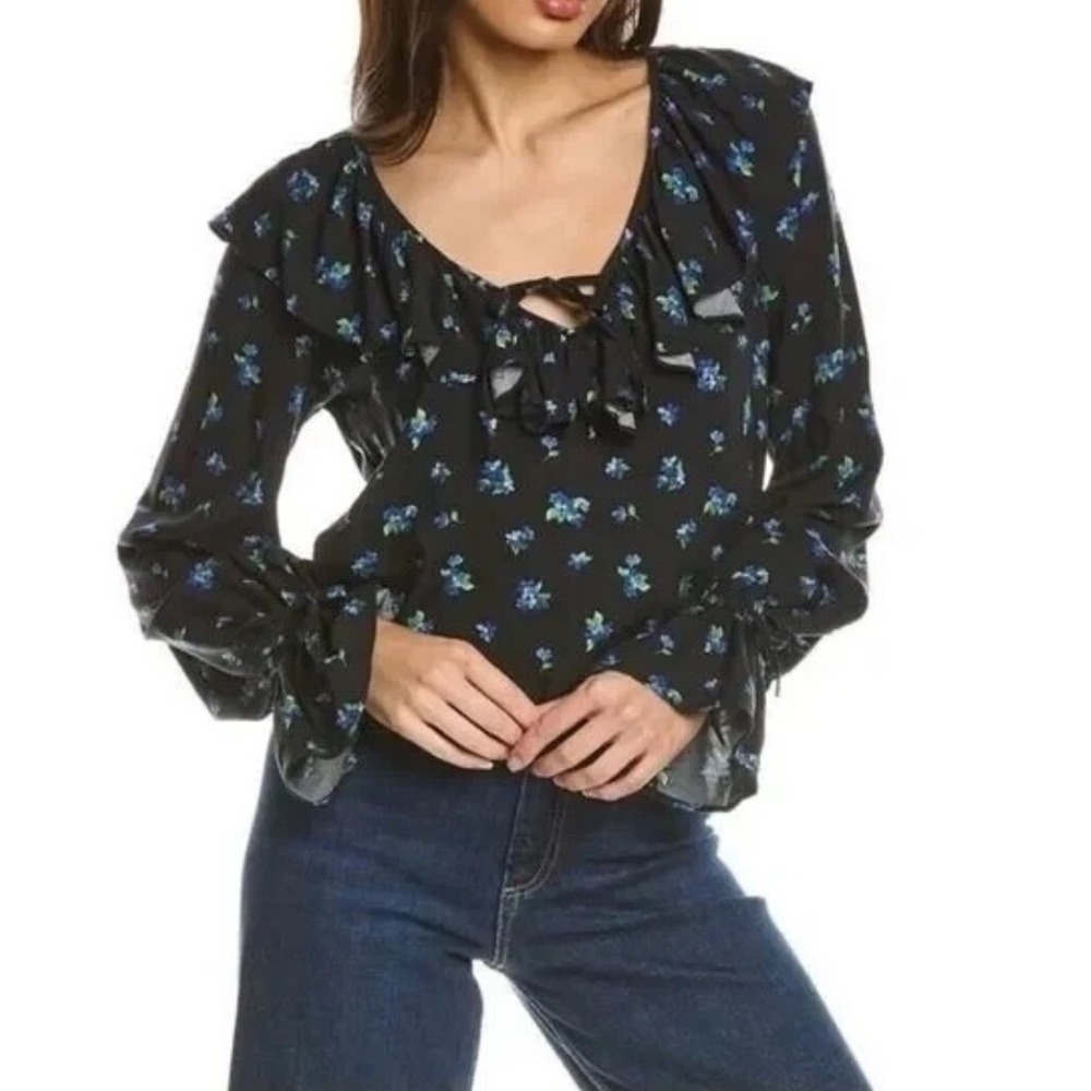 WEWOREWHAT Ditsy Floral Long Sleeve Ruffle Trim Blouse Top Black Size Small